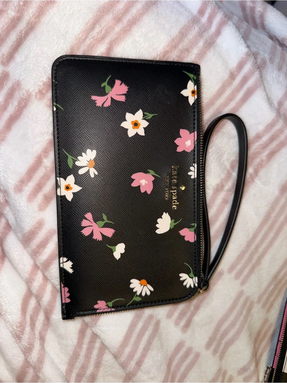kate spade Black Floral Wristlet with Pink and White Flowers